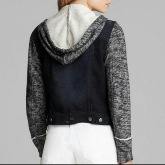 Free People Denim Knit distressed Hooded Jacket knit sleeves casual button up M - Picture 8 of 8